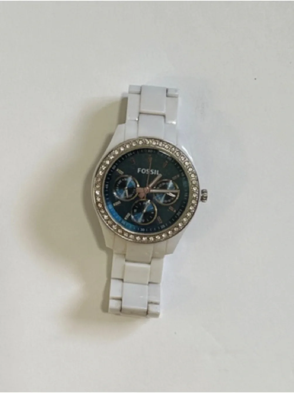 Fossil Women’s White Ceramic Watch Blue Dial and Crystal Bezel White Band